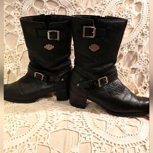 Harley Davidson, Womens Black Leather, Double Buckle Mid Boots, 9 1/2, Zipper